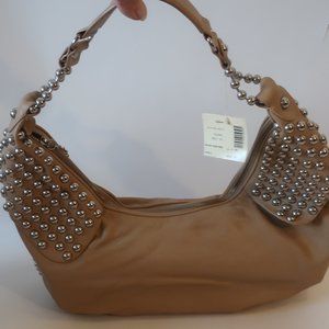 NWT Cole Haan Caramello Tan Silver Leather Studded Medium Hobo half moon